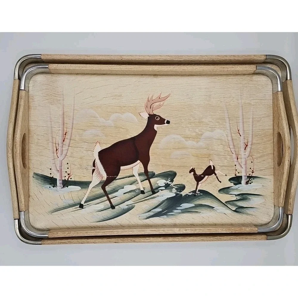 Vintage Japanese Tea Bar Serving Trays Hand Painted Wooden‎ Deer Buck Trees Doe